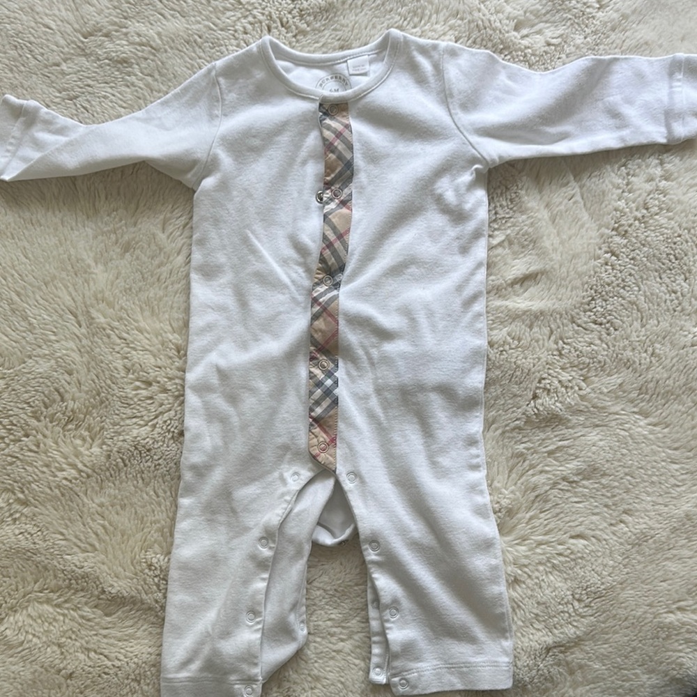 Burberry White Baby Onesie with Plaid Detail